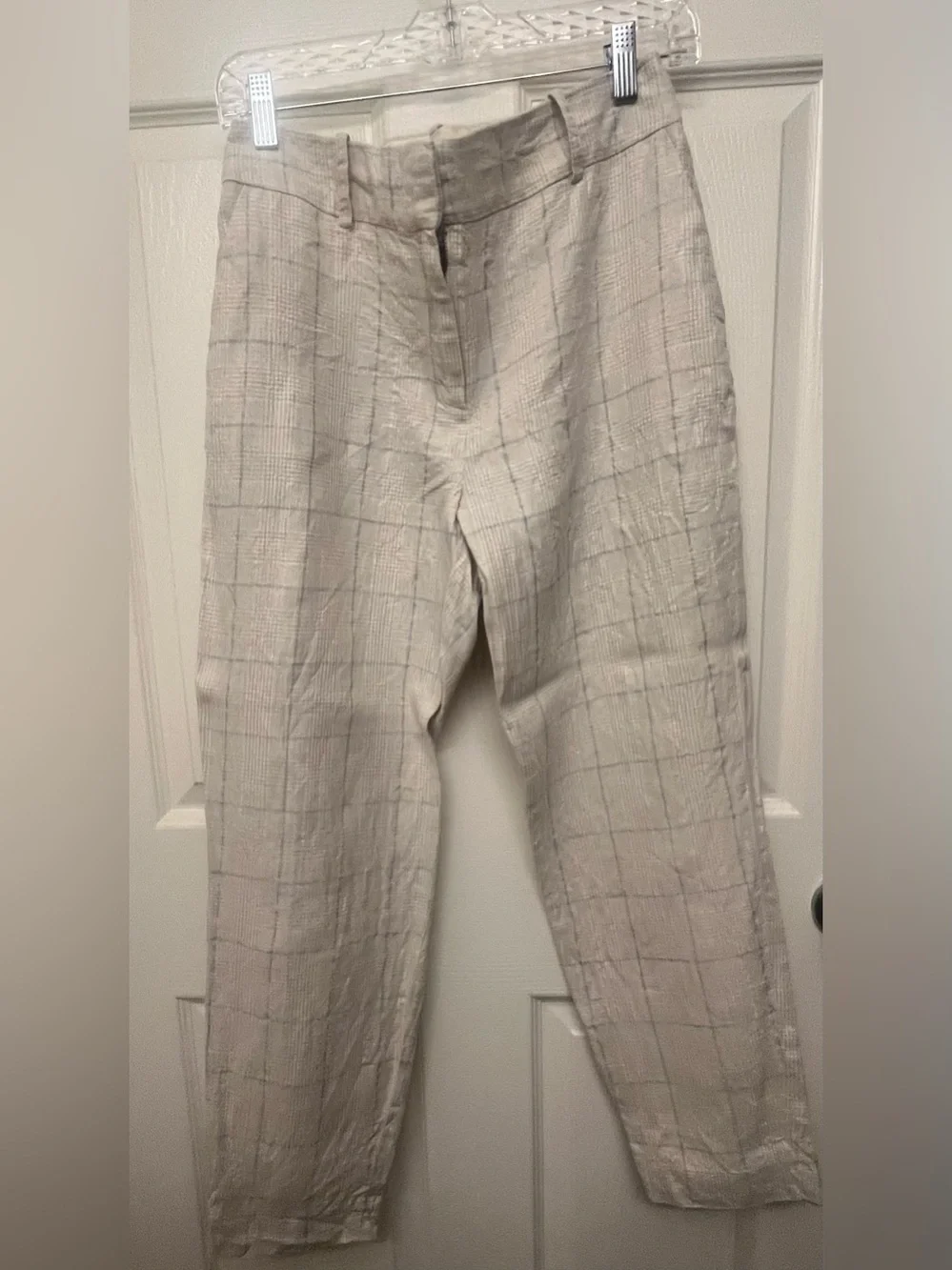 Sezane Beige Windowpane Linen Blend Pants